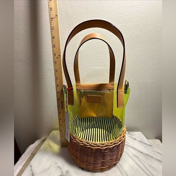 Frances Valentine bucket purse wicker bottom neon green NWT missing strap - Picture 9 of 16